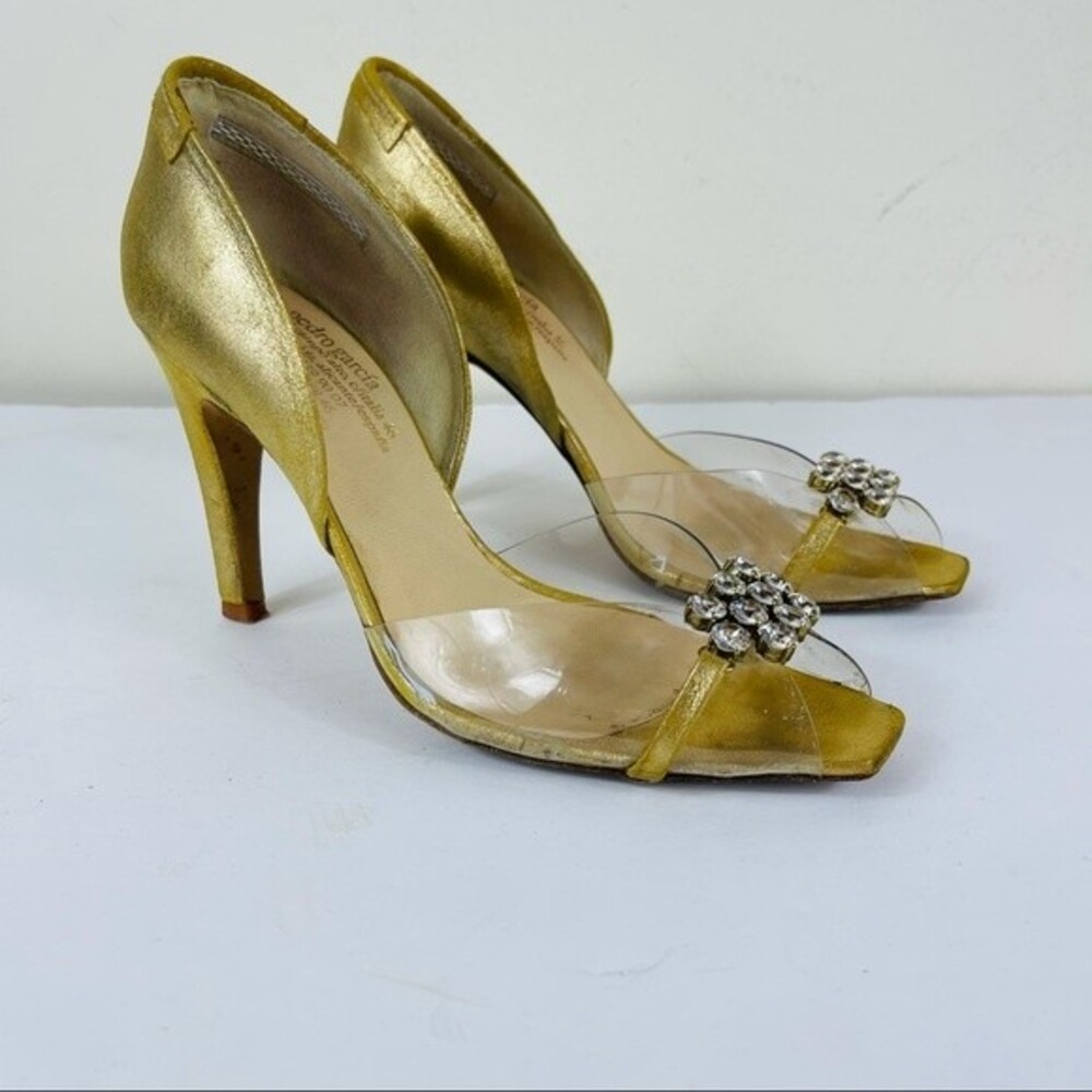 PEDRO GARCIA Retro Gold Metallic Jewel Glitter Peep Toe D'Orsay Heels Shoes 7.5 - Picture 15 of 16